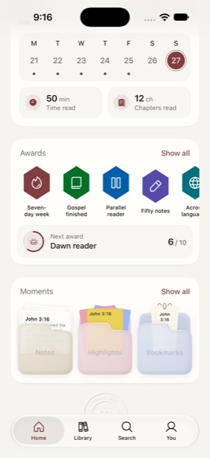 Home: reading rhythm, awards and folders